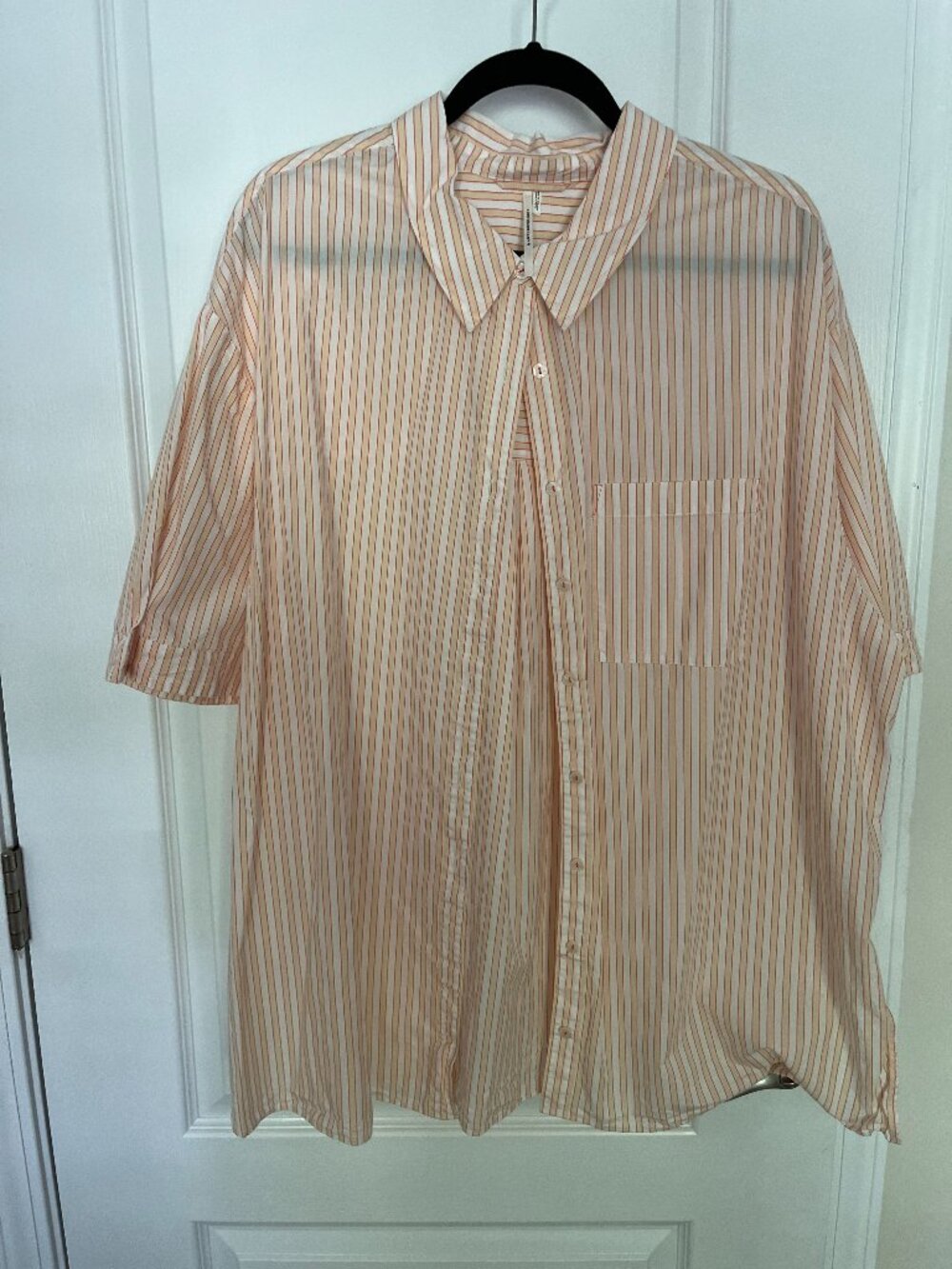 By Anthropologie Oversized Striped Cotton Button Down Shirt Pink Yellow